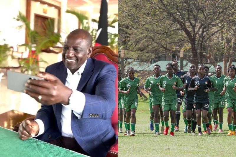 Collage photo of President William Ruto and the Harambee Starlets team.